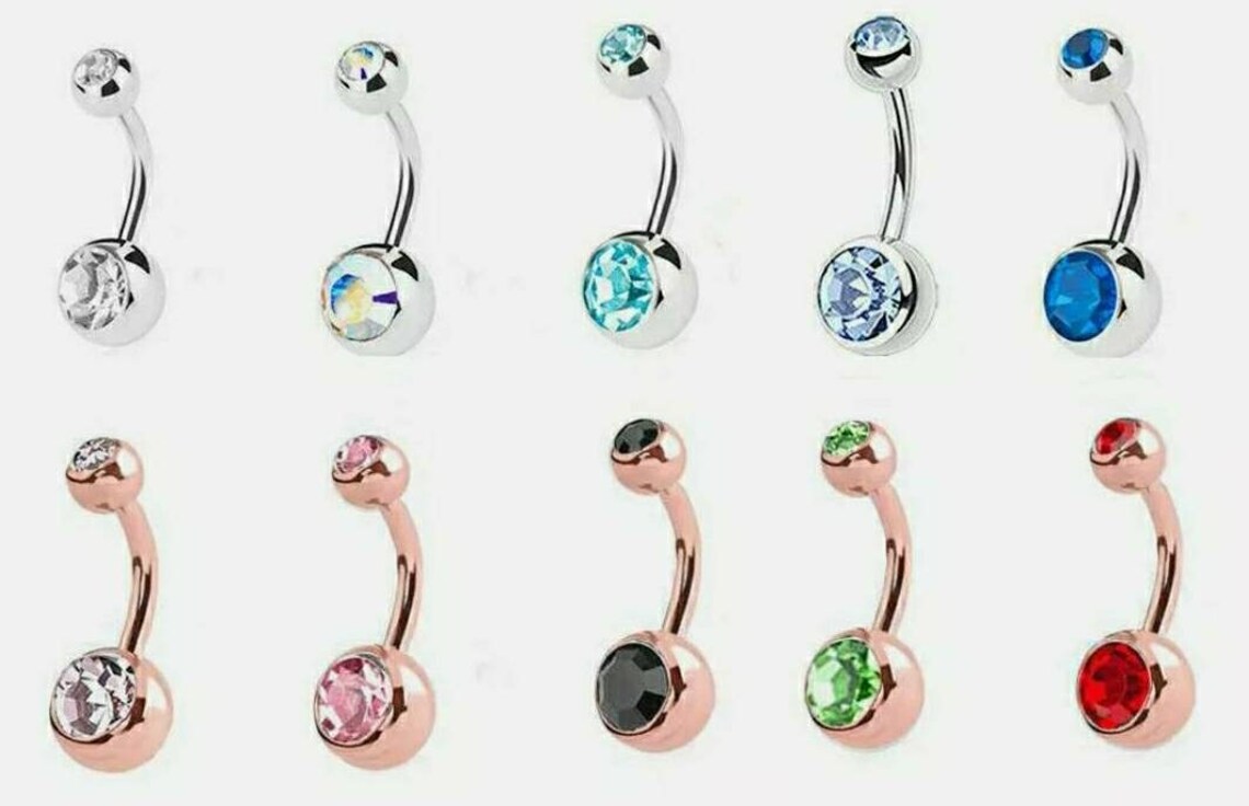 Double Gem Surgical Steel Belly Bars Navel Button Bar Body Etsy