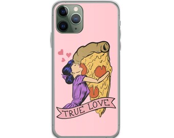May include: A pink iPhone case with a cartoon image of a woman hugging a slice of pizza. The pizza has pepperoni and cheese. The text "TRUE LOVE" is on a banner below the pizza.