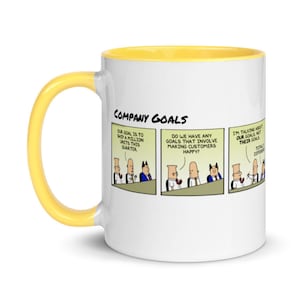 May include: White ceramic mug with a yellow handle and interior. The mug features a comic strip with the text "COMPANY GOALS" and dialogue about company objectives. The mug is a humorous office-themed product.