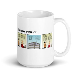 May include: White ceramic mug with a cartoon illustration of a software development team discussing software metrics. The text on the mug reads "SOFTWARE METRICS".