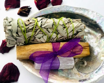 Sage, Palo Santo and Selenite cleansing Bundle, Beautiful ABalone Shell, Sage Smudge Kit, Sage Smudge Stick