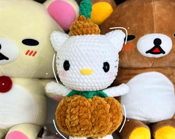 Handmade Crocheted White Cartoon Cat Pumpkin Plushie Toy