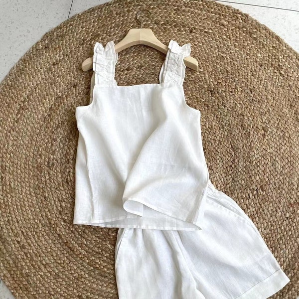 Linen tank pajama set, Linen Ruffles top and shorts, customized sizes and colors