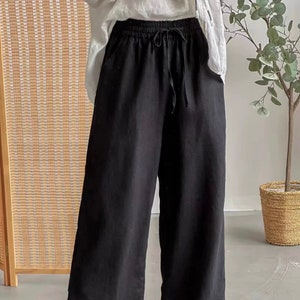 Casual Linen pants with pockets, Customized size and color Wide Leg Skirt-Pants, Linen yoga pants