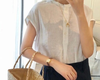 Minimalist Linen shirt with buttons, Short Sleeves linen Blouse, Button Cardigan Top, Women Linen shirt, 100% Pure Linen