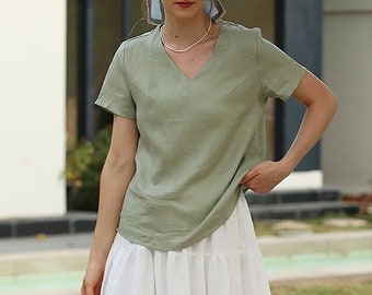 V-neck linen top with short sleeves, Linen t-shirt for summer, Summer linen blouse, Minimalist Women Linen shirt