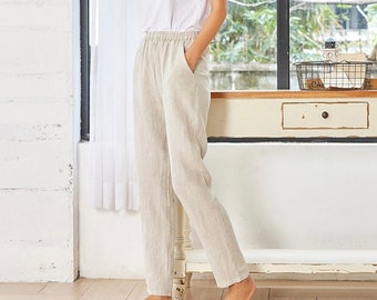 Tapered Linen pants with pockets, Linen pants for women, High waisted pants, Customized size and color