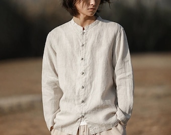 Chemises en lin pour hommes minimalistes d'été, chemises à col mao pour hommes, chemises à manches longues pour hommes 100 % lin