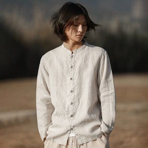 Minimalist Summer men's linen shirts, Men Mandarin collar shirts, Men's 100% linen long-sleeved shirts