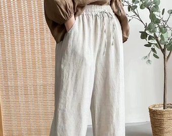 Taille et couleur personnalisées Pantalon en lin avec poches, Wide Leg Maxi, Jupe-Pantalon en lin