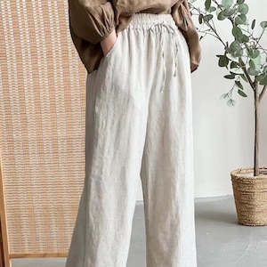 Customized size and color Linen pants with pockets, Wide Leg Maxi, Linen Skirt-Pants