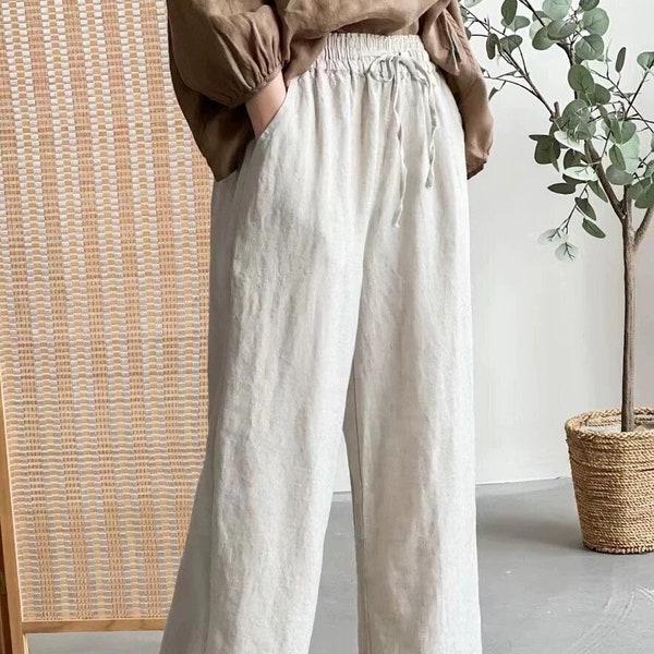 Customized size and color Linen pants with pockets, Wide Leg Maxi, Linen Skirt-Pants