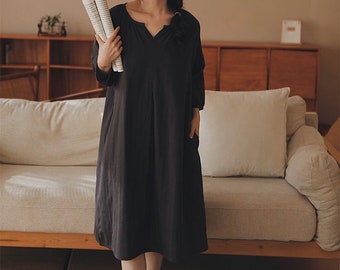 100% Cotton cozy nightgown with pockets, Black dress, Cottagecore cotton dress, Minimalist dress