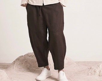 100% linen Men's casual pants, Men Harem Pants, Summer Cropped Linen Trousers, Beach Pants