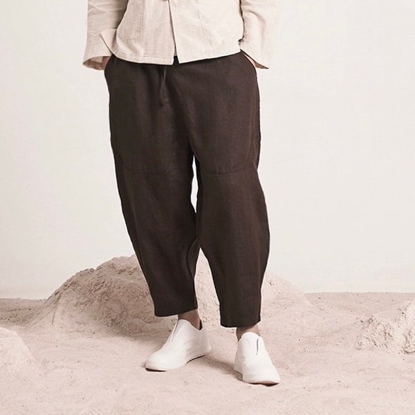 100% linen Men's casual pants, Men Harem Pants, Summer Cropped Linen Trousers, Beach Pants