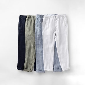 100% lin Pantalons pour hommes, Pantalons d'été en lin pour hommes, Pantalons amples en lin à taille élastique, Pantalons décontractés pour hommes