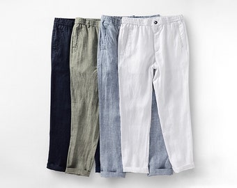 Pantalones 100% lino para hombre, pantalones de lino para hombre de verano, pantalones de lino sueltos con cintura elástica, pantalones casuales para hombre