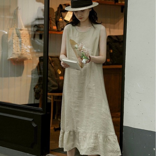 Elegant Linen dress with Ruffle, Customized Boat neck sleeveless Linen dress, Beach linen dress, Summer linen clothing