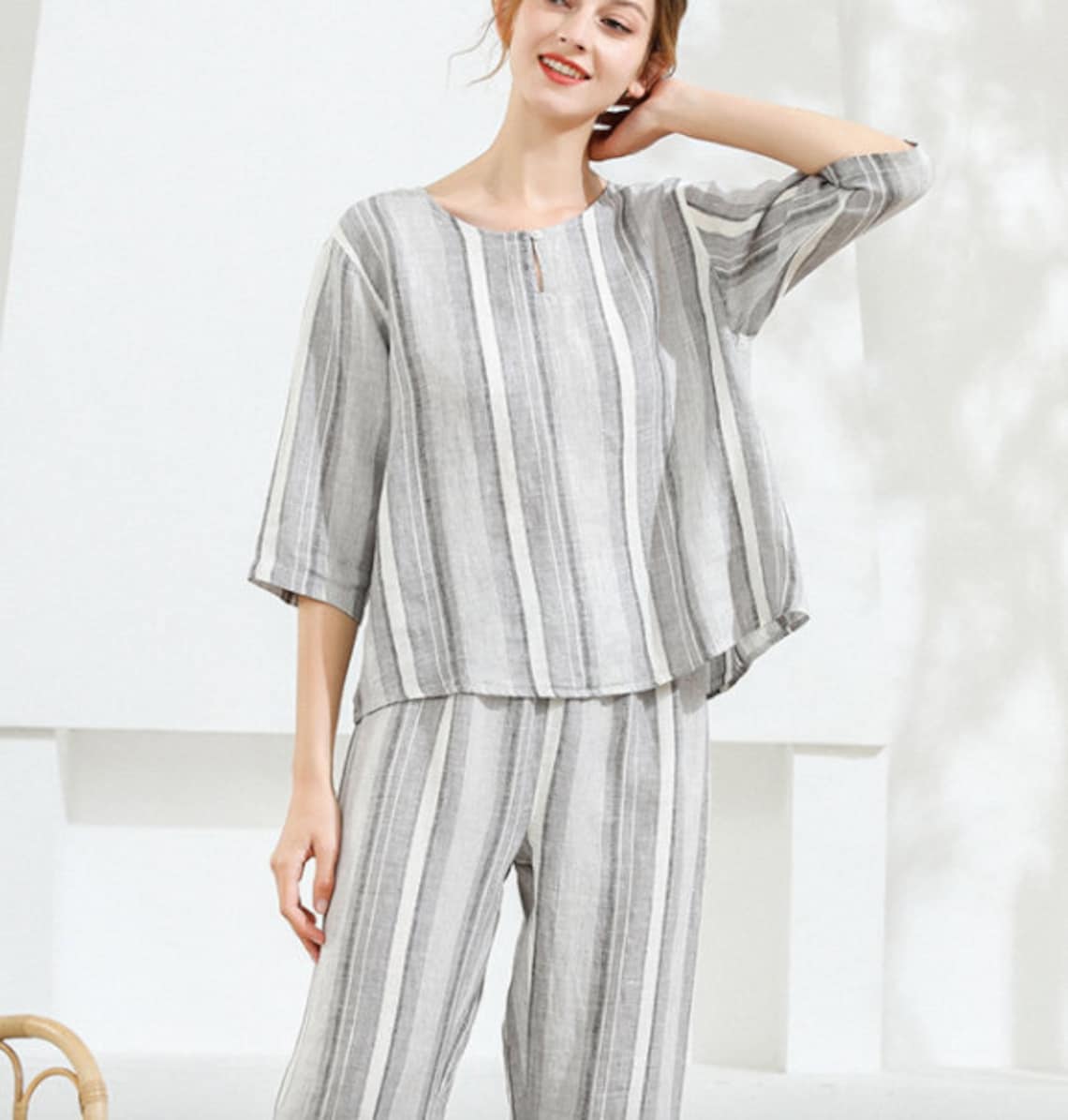 Linen Women Pajama Set Striped linen Pajamas Holiday | Etsy