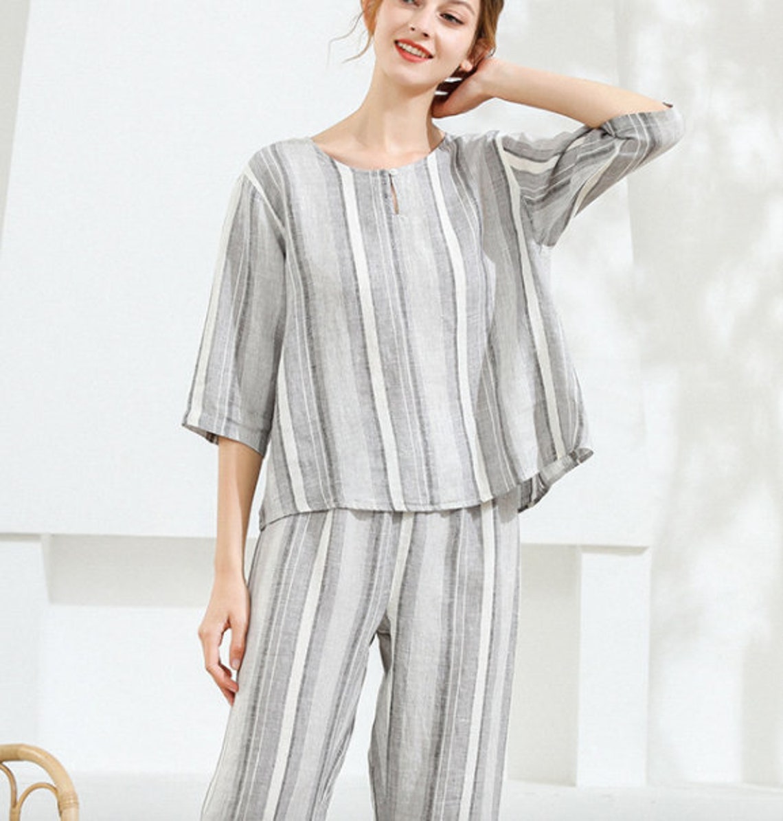 Linen Women Pajama Set Striped linen Pajamas Holiday Etsy