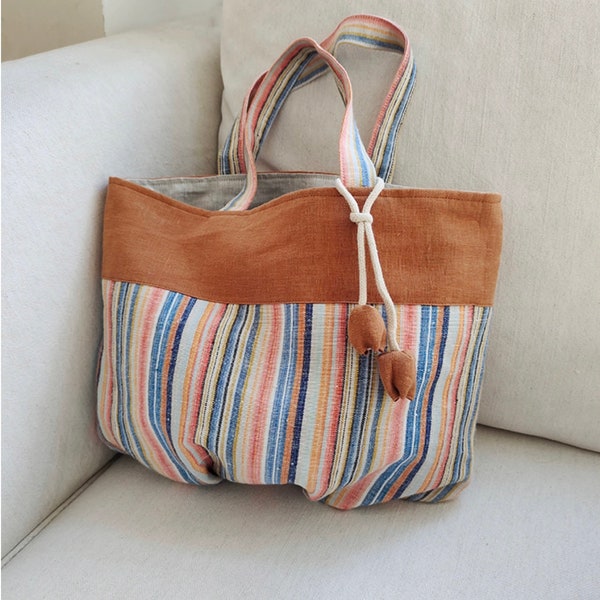 French style linen beach bag, Colorful Striped linen bag, Natural linen summer bag, Large linen tote bag, Travel bag