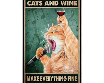 Vertical Poster Gift For Cat Lovers Wall Art Decor Cats And Wine Poster Vintage Poster Animal Poster