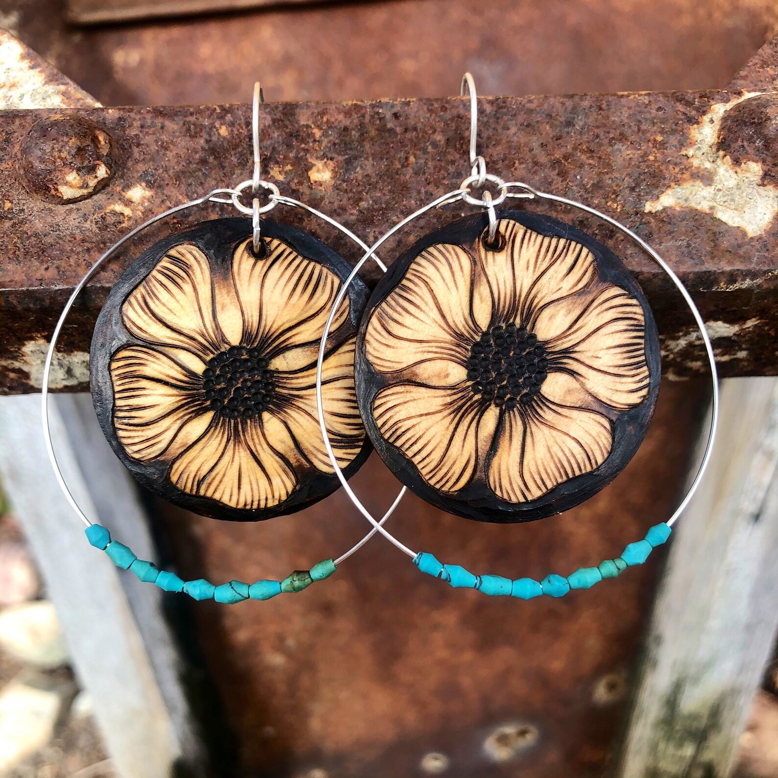 Wood burn flower earrings Etsy