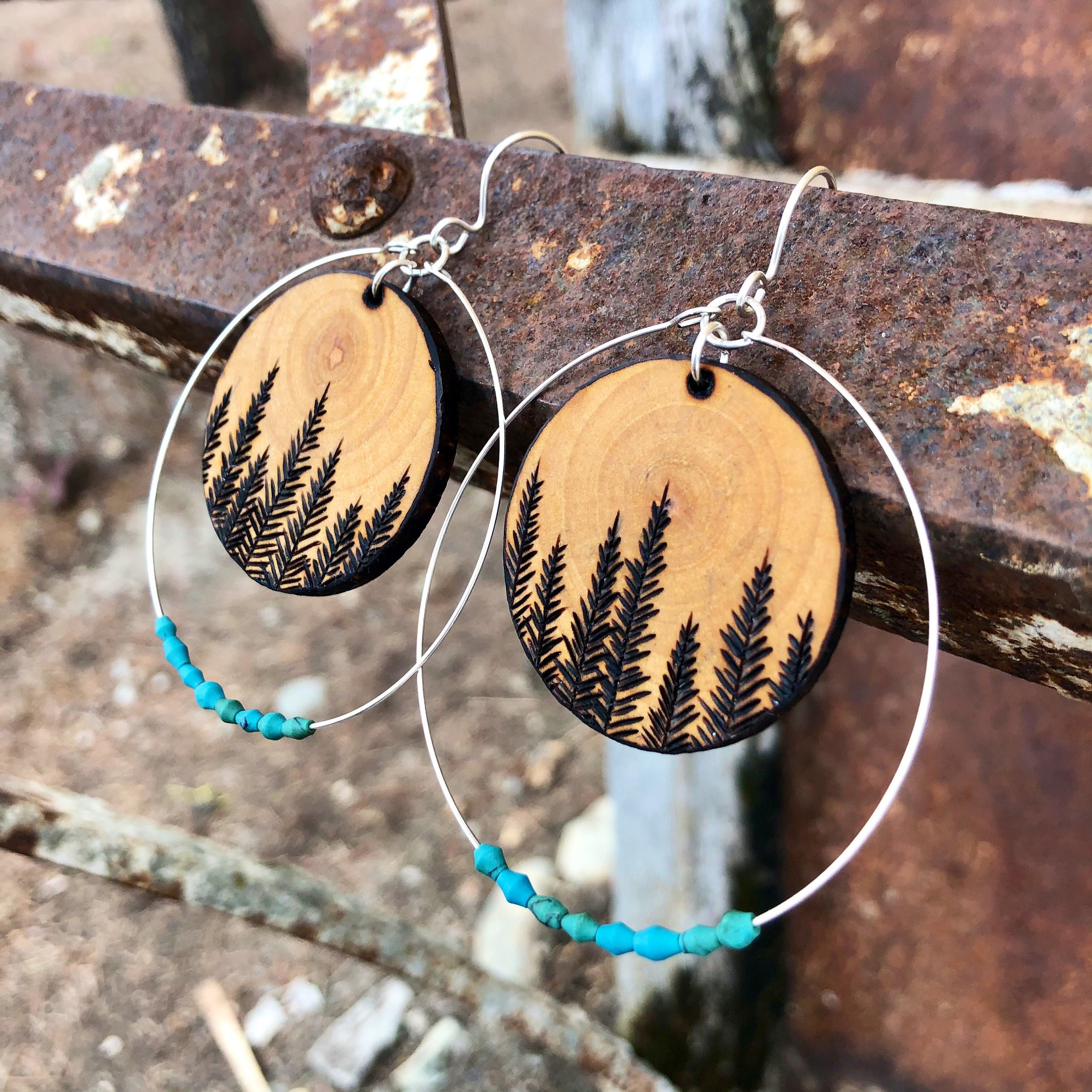 Wood burn tree earrings Etsy