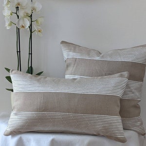 Natural linen cushion cover with white embroidery, rectangle & square, natural earthy decor, 45x45, 52x32, linen cushions | free delivery