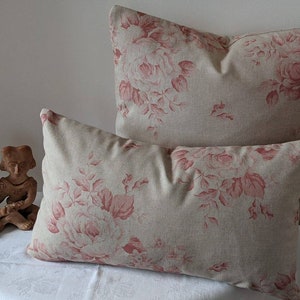 Old rose cotton cushion cover - soft pink floral design with neutral linen background – vintage interiors, Scandi, floral handmade cushions