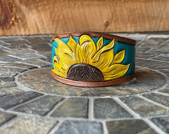 Armband - Briljante zonnebloem op groenblauw met 3/D-bloemblaadjes