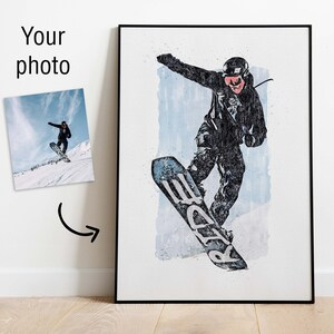 Custom Snowboard Sketch Digital Painting from Your Photo Snowboard Poster or Canvas Snowboarding Art Gift Rider's Lair image 1