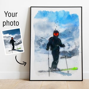 Custom Ski Watercolor Digital Painting from Your Photo | Custom Skier Poster | Skier Wall Art Gift | Rider's Lair