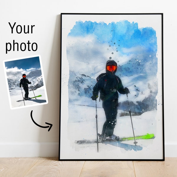 Benutzerdefinierte Ski Aquarell digitale Malerei von Ihrem Foto | Skifahrer Poster | Skifahrer Wand Kunst Geschenk | Rider's Lair
