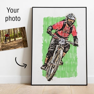 Custom MTB Sketch Digital Painting from Your Photo | Custom Mountain Biker Poster or Canvas | Mountain Bike Art Gift | Rider's Lair
