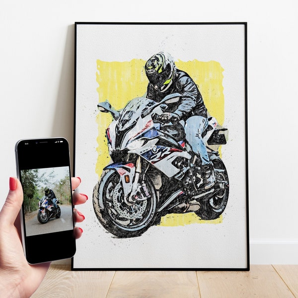 Aangepaste motorfiets schets digitaal schilderen van uw foto | Aangepaste motorposter of canvas | Biker kunst cadeau | De schuilplaats van de ruiter