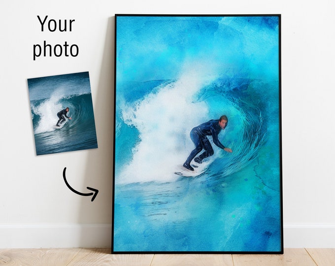 Custom Surf Watercolor Digital Painting from Your Photo | Personalized Surfing Poster or Canvas| Surf, Windsurf Art Gift | Rider's Lair