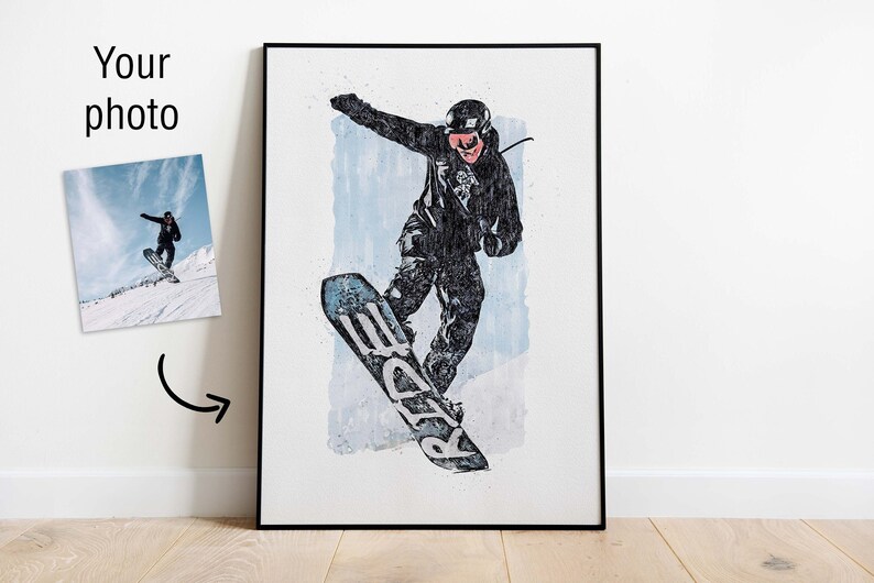 Custom Snowboard Sketch Digital Painting from Your Photo Snowboard Poster or Canvas Snowboarding Art Gift Rider's Lair image 1