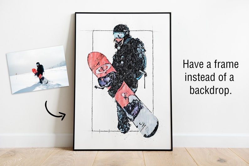 Custom Snowboard Sketch Digital Painting from Your Photo Snowboard Poster or Canvas Snowboarding Art Gift Rider's Lair image 4