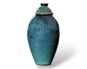 Opalic Blue Ceramic Cremation Urn for Human or Pet Ashes - Handmade Art 'Misty Water'