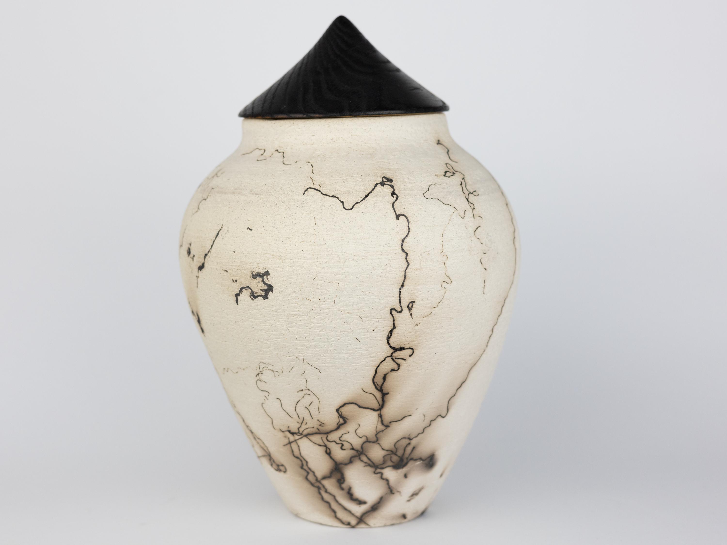 India Raku Creamy White Raku Ceramic Cremation Urn Raku With Oak Lid- Handmade Art ...