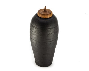 Small Ceramic Urn for Ashes "Black Apple" with Apple Wood lid