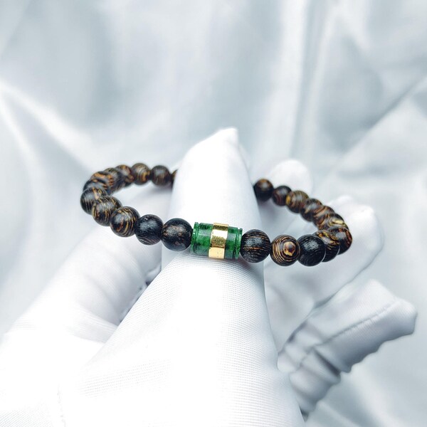 6mm Agarwood Beads Mix With Jadeite Jade Beads Bracelet, Natural Wild Agarwood Bracelet Vietnamese Oud Bracelet Meaningful Gift For Him