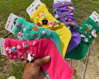 Bedazzled jeweled charm socks women and girls custom made hand made