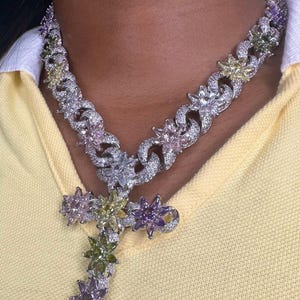 15mm Infinity Link Cross Necklace with Flower Charms Custom handmade   Clarity Simulated Diamond Jewelry Iced Out Luxury Hip Hop Jewelry