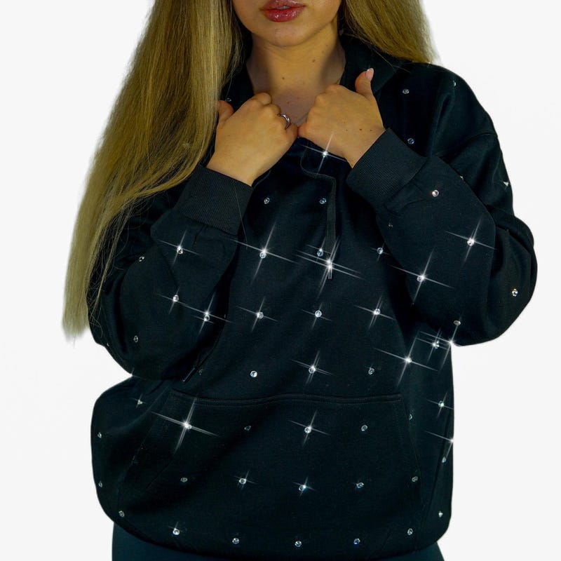 BLACK RHINESTONE GATHERED HOODIE