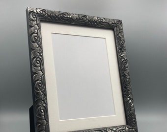 Silver and Black Picture Frame • 8"x 10" Photo Frame • Included Mat with 6" x "8" Opening • Family Photographs • Wedding Portraits • Ornate
