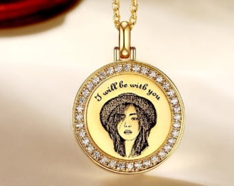 Round Engraved Pendant Necklace with Custom Photo Text Engraving Ideal Gifts for Women Custom Photo Necklace Memorial Portrait Necklace