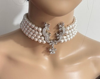 Layered pearl choker with stunning brooch, Four strand bridal pearl necklace, Truly statement necklace, 8mm pearl necklace, Costume jeweller