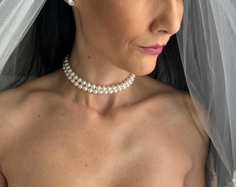 Layered pearl choker necklace with beautiful gold or silver rhinestones clasp, Two strand bridal pearl necklace, 8mm crystal pearls choker